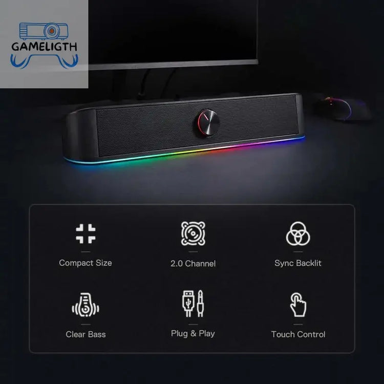 Redragon GS560 Adiemus RGB USB Desktop Soundbar, 2.0 Channel Computer Speaker with Dynamic Lighting Bar Audio-Light Sync/Display GamesLigth