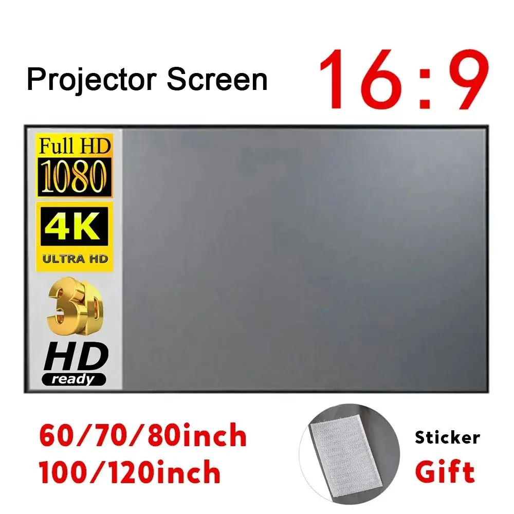 HD Portable Projector Screen 16:9 Foldable Durable Wall Mounted for Outdoor/Indoor 60 70 80 100 120 Inches GamesLigth