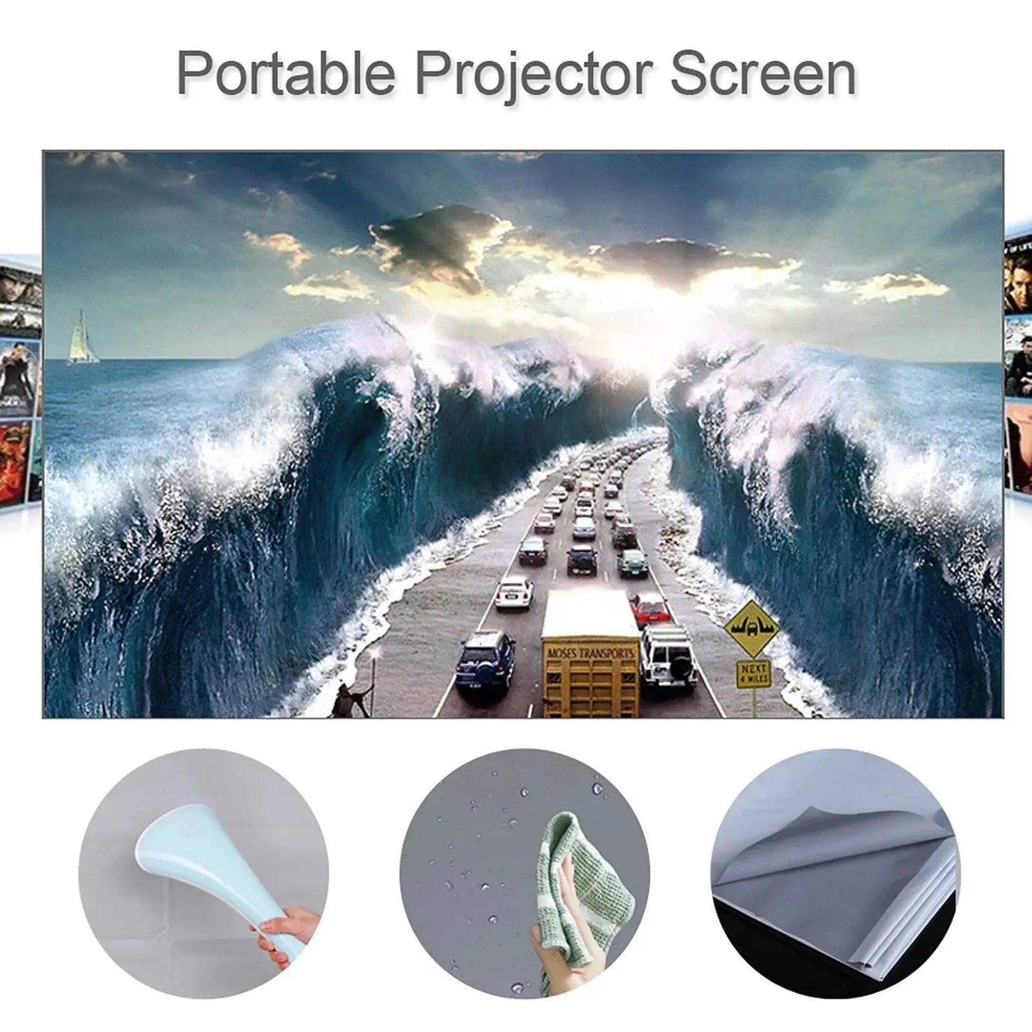 HD Portable Projector Screen 16:9 Foldable Durable Wall Mounted for Outdoor/Indoor 60 70 80 100 120 Inches GamesLigth