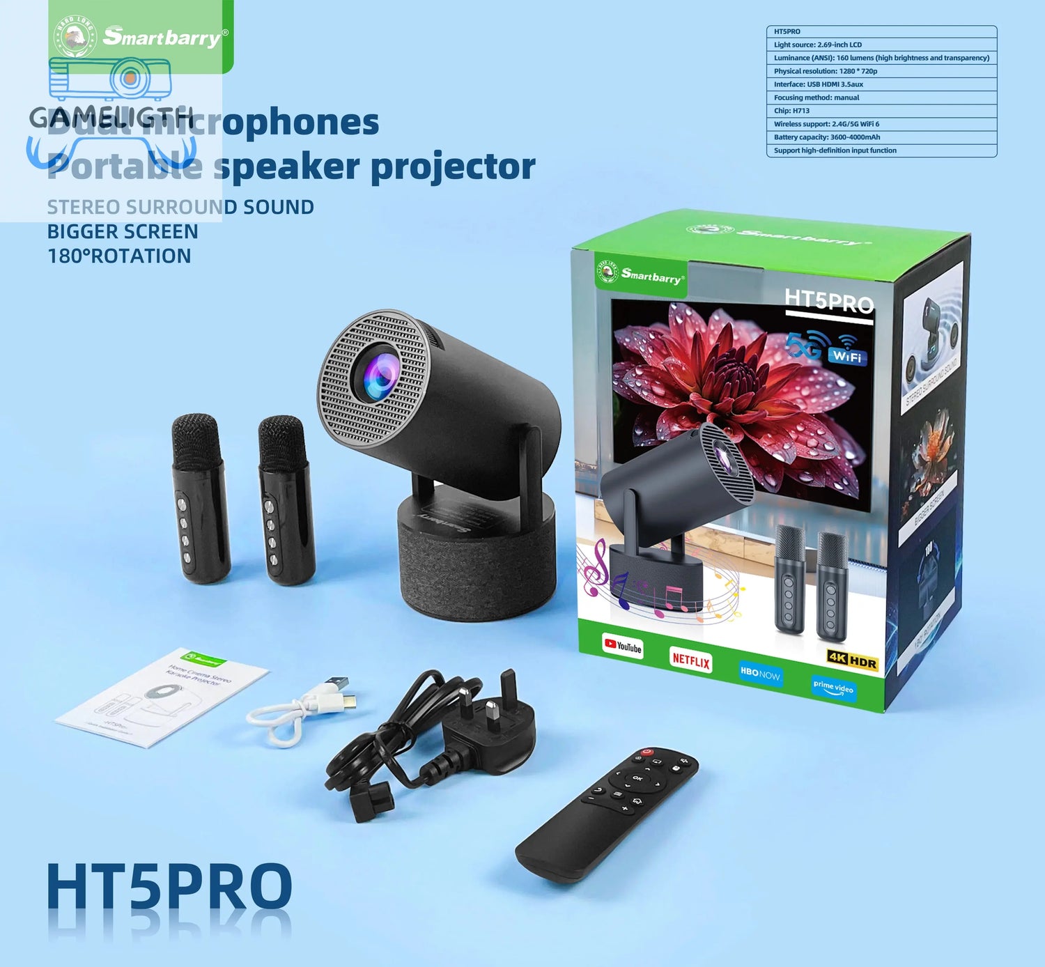 KaiAqua 4K Wifi6 Projector Android 11 260 ANSI Dual WIFI Allwinner H713 BT5.0 1280*720P Home Cinema Outdoor portable HT88 Pro GamesLigth