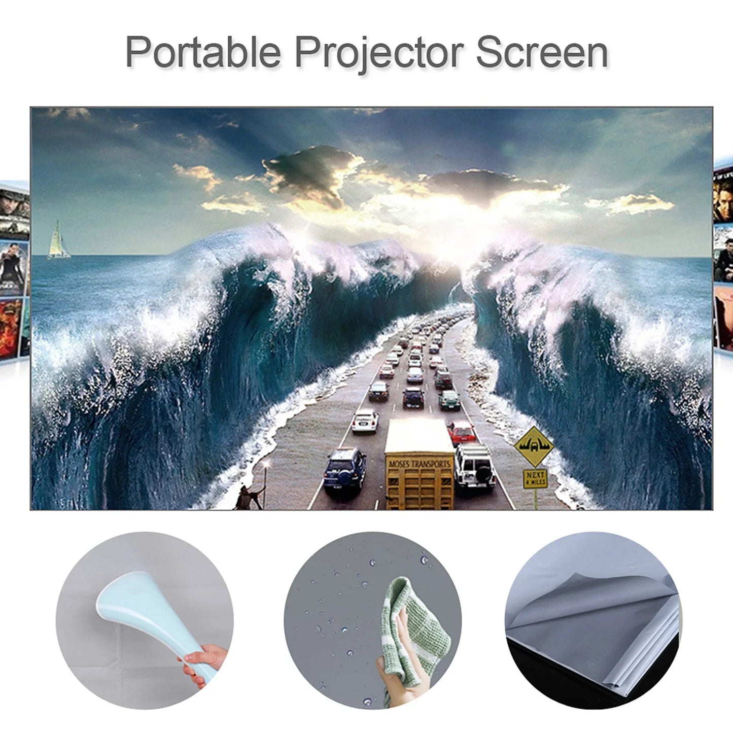 HD Portable Projector Screen 16:9 Foldable Durable Wall Mounted for Outdoor/Indoor 60 70 80 100 120 Inches